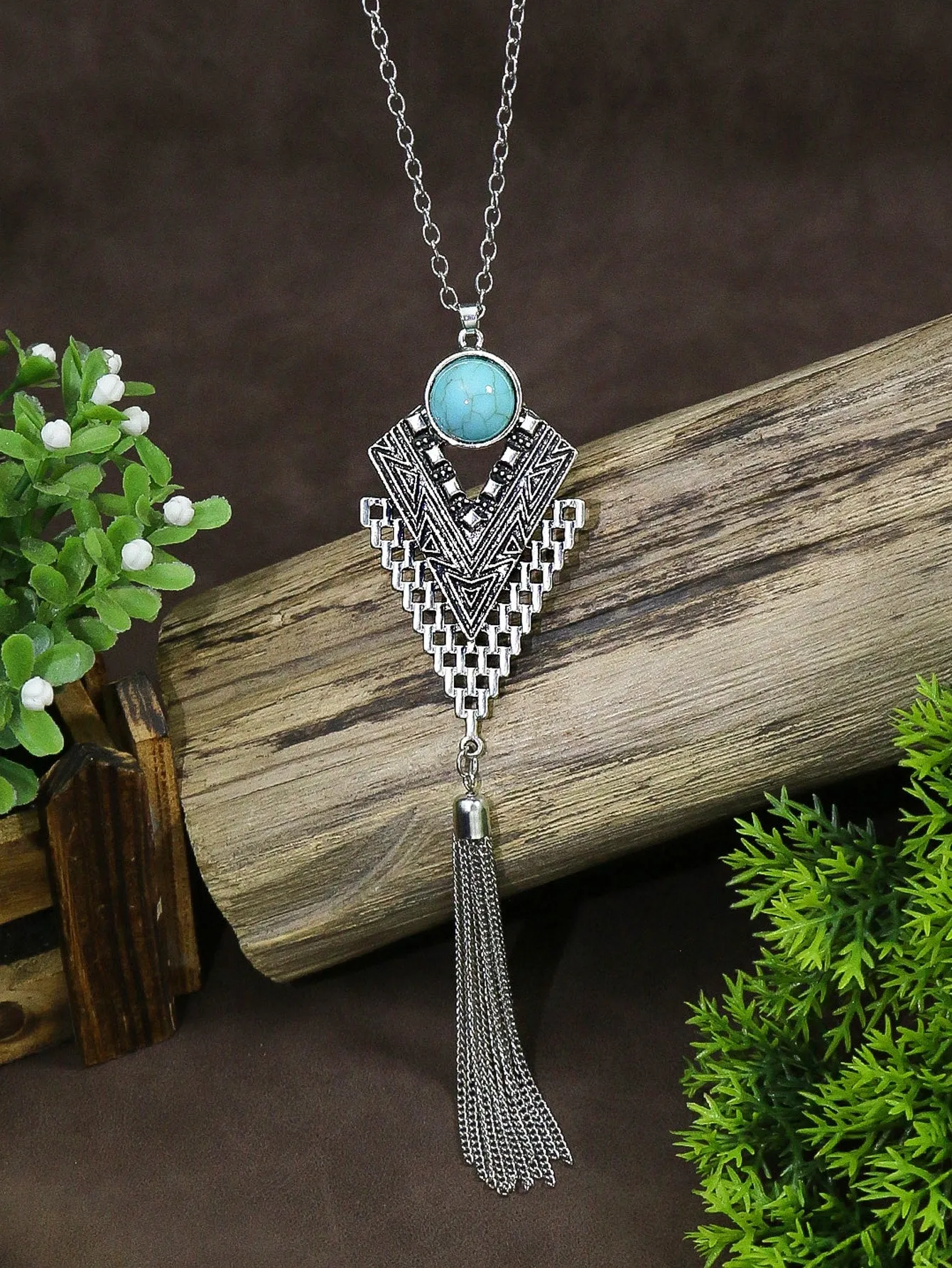 Turquoise Decor Geometric & Metal Tassel Charm Necklace for Women Jewelry for