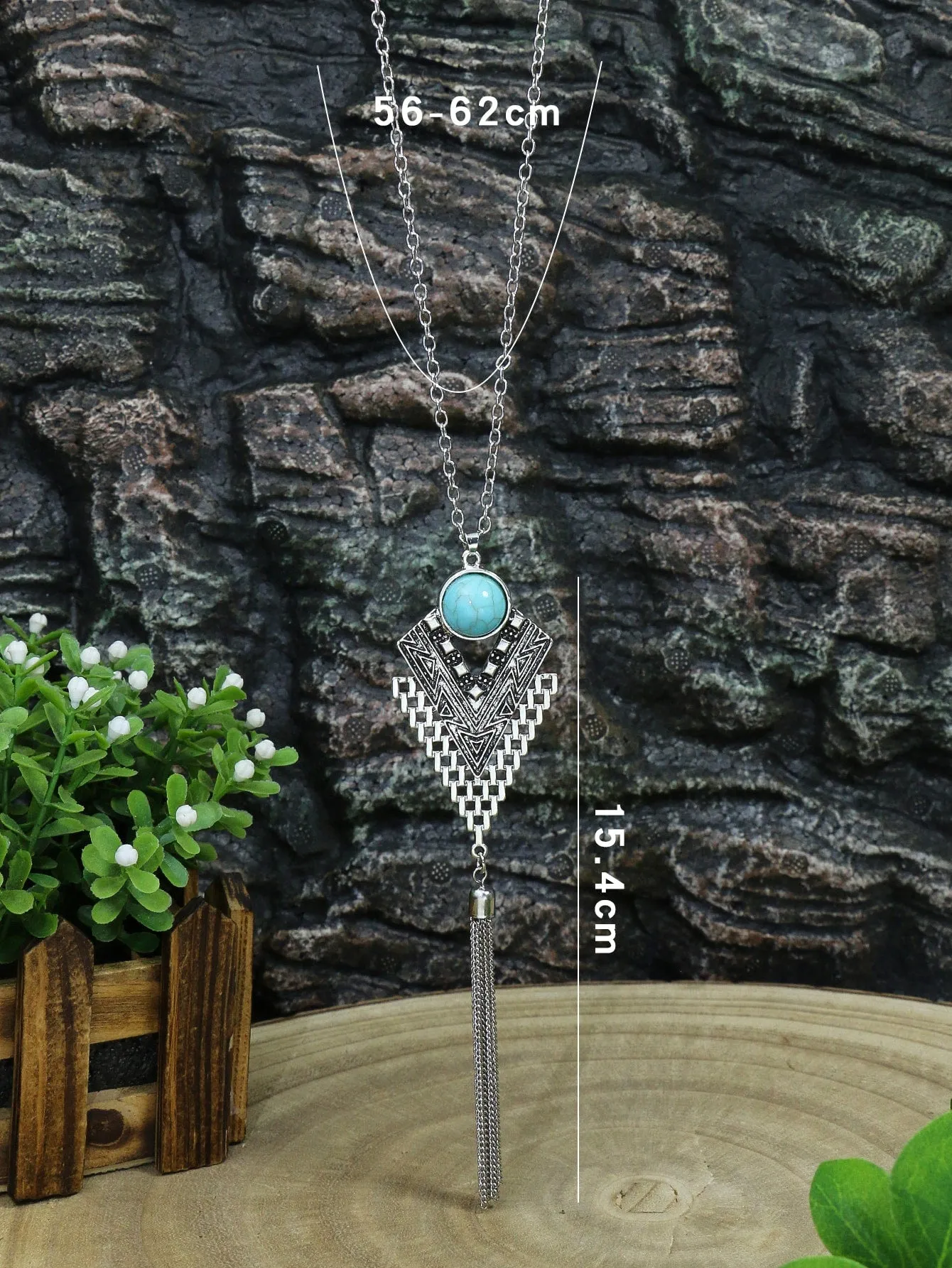 Turquoise Decor Geometric & Metal Tassel Charm Necklace for Women Jewelry for