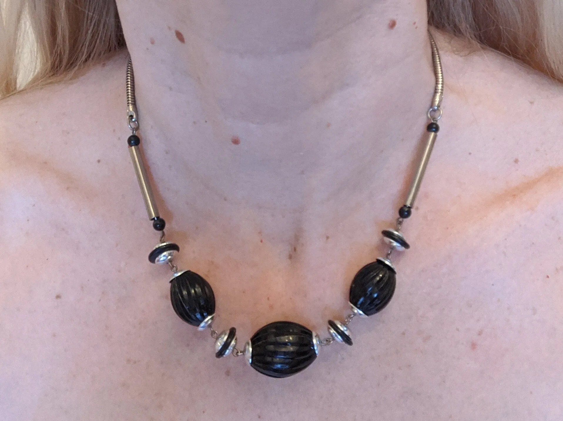 Vintage Jakob Bengel Art Deco machine age chrome and black galalith geometric necklace with beautifully shaped beads