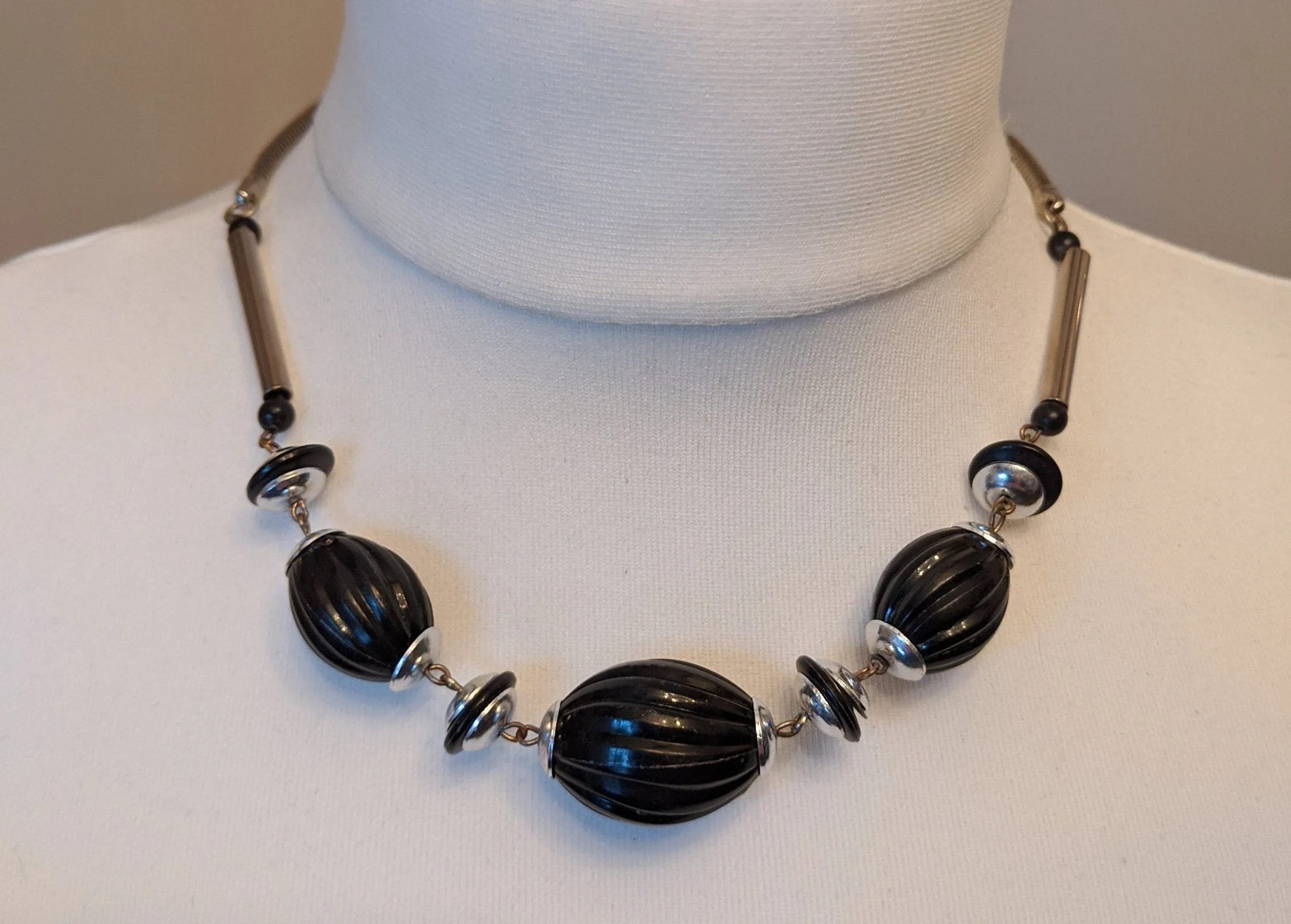 Vintage Jakob Bengel Art Deco machine age chrome and black galalith geometric necklace with beautifully shaped beads