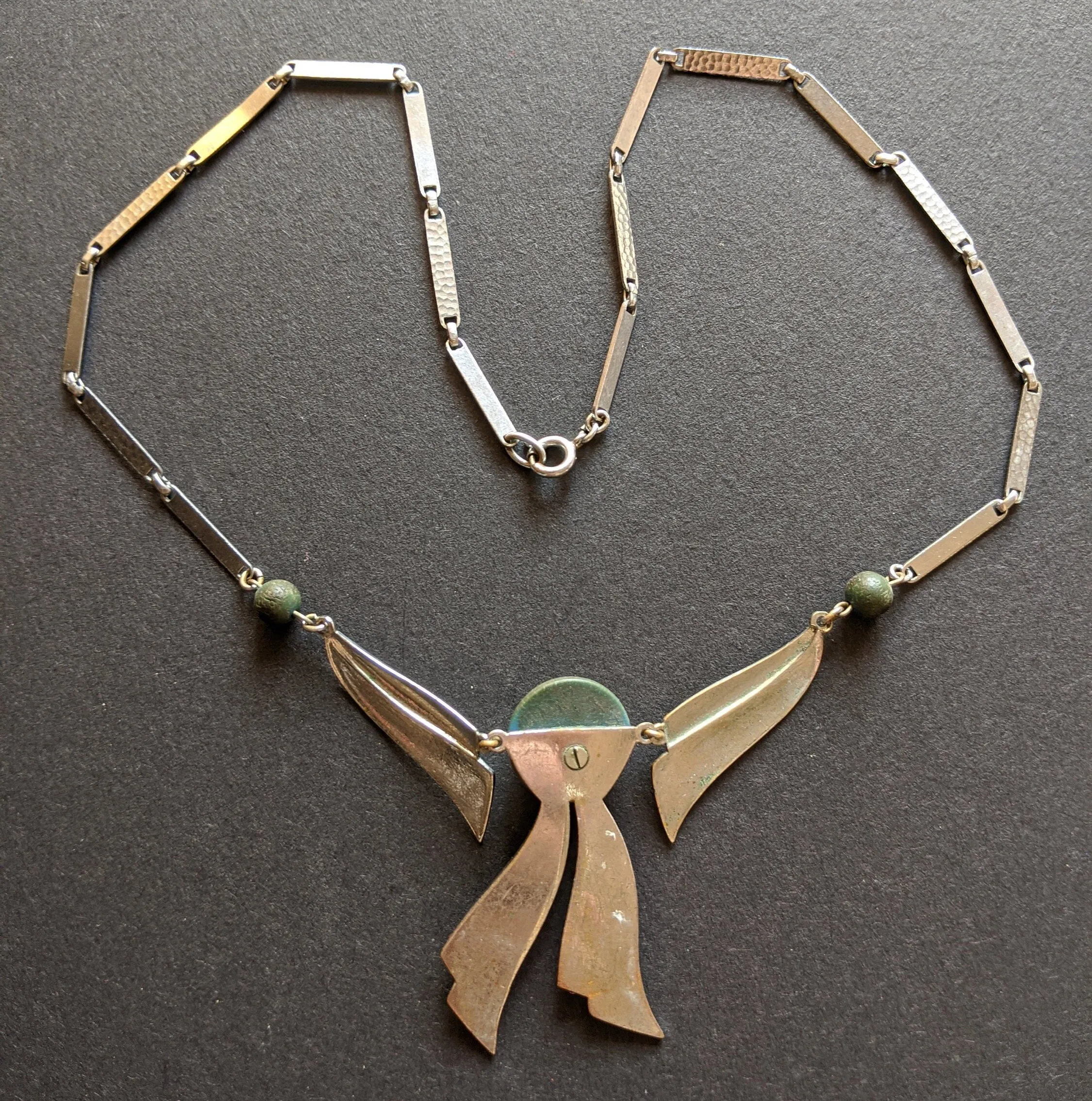 Vintage Jakob Bengel Art Deco machine age chrome and olive green galalith bow necklace