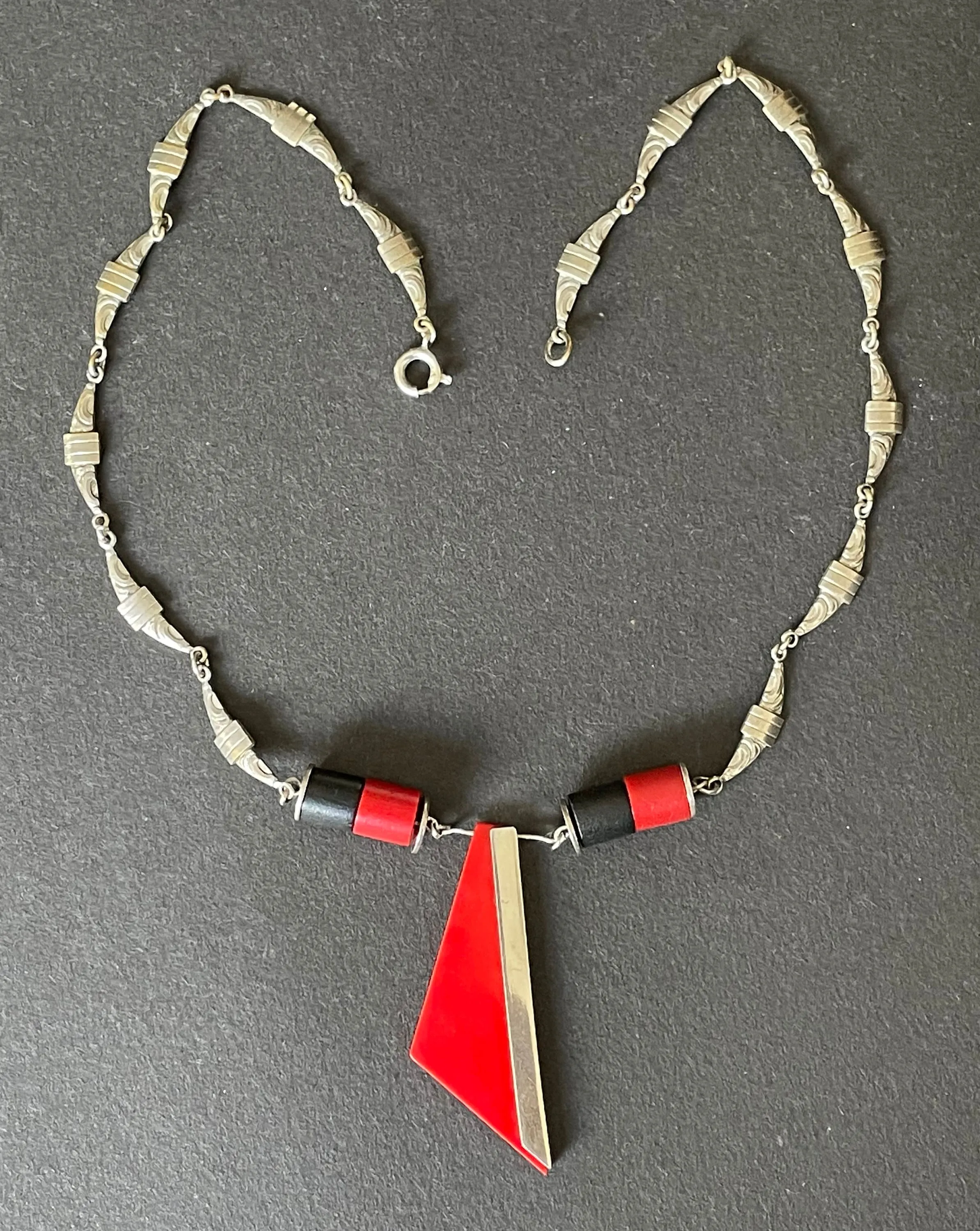 Vintage Jakob Bengel Art Deco machine age chrome, monochrome red and black galalith geometric necklace 1930s