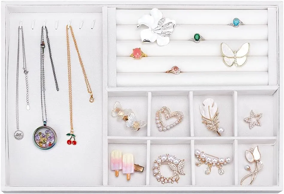WADORN 3 In 1 Velvet Jewelry Tray White Rectangle Necklace Bracelet Display Tray Insert Divided Storage Container Stackable Jewelry Organizer for Earring Rings Watch Brooch Collections 14x10x1 Inch