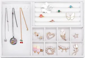 WADORN 3 In 1 Velvet Jewelry Tray White Rectangle Necklace Bracelet Display Tray Insert Divided Storage Container Stackable Jewelry Organizer for Earring Rings Watch Brooch Collections 14x10x1 Inch