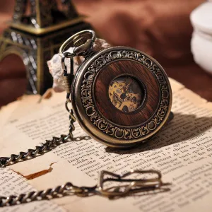 Wooden Men Pocket Watch Cool Luxury Lover Gift Chain Mechanical Hand Winding Bronze Watch Skeleton Steampunk Men Watch