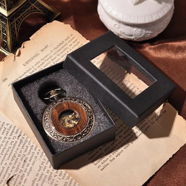 Wooden Men Pocket Watch Cool Luxury Lover Gift Chain Mechanical Hand Winding Bronze Watch Skeleton Steampunk Men Watch