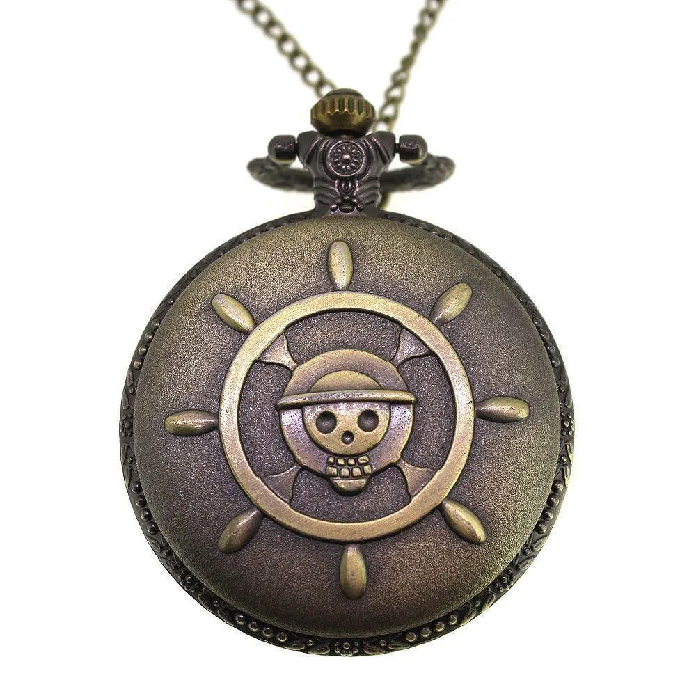 Zinc Alloy Antique Bronze Plate Skull and Crossbones Watch Necklace